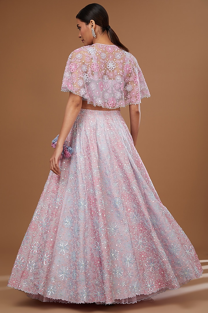 Misty Blue & Lilac Silk Chanderi Hand Embroidered Bridal Lehenga Set by MADZIN at Pernia's Pop Up Shop