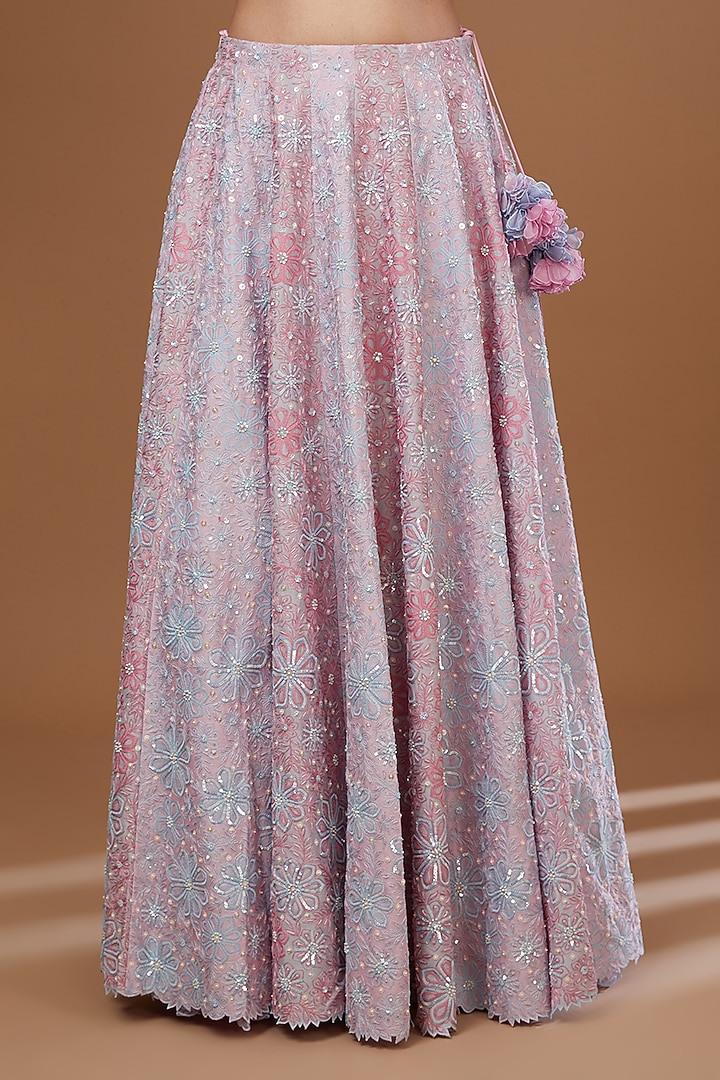 Misty Blue & Lilac Silk Chanderi Hand Embroidered Bridal Lehenga Set by MADZIN at Pernia's Pop Up Shop