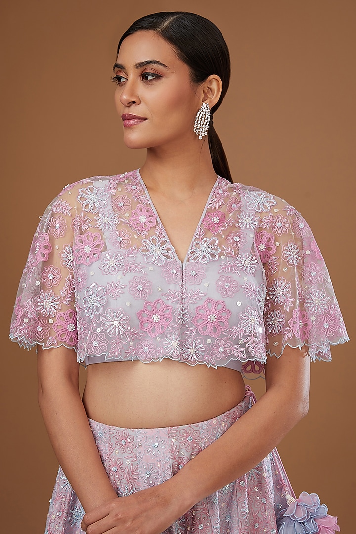 Misty Blue & Lilac Silk Chanderi Hand Embroidered Bridal Lehenga Set by MADZIN at Pernia's Pop Up Shop