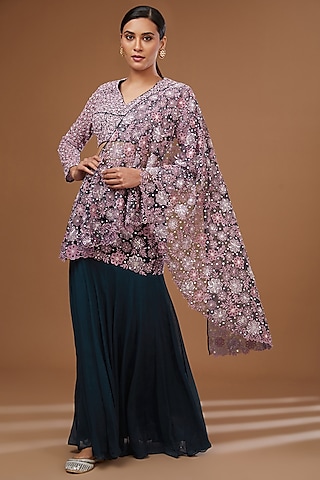Blue Korean Net & Chiffon Draped Skirt Saree Set by MADZIN