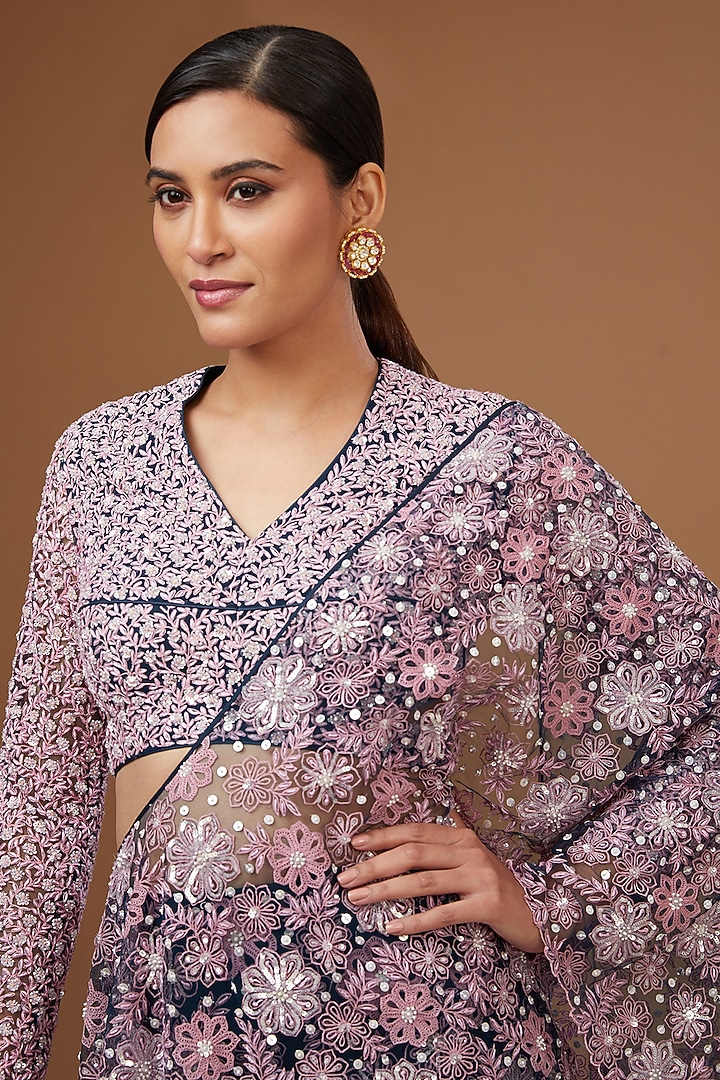 Blue Korean Net & Chiffon Draped Skirt Reception Saree Set by MADZIN at Pernia's Pop Up Shop