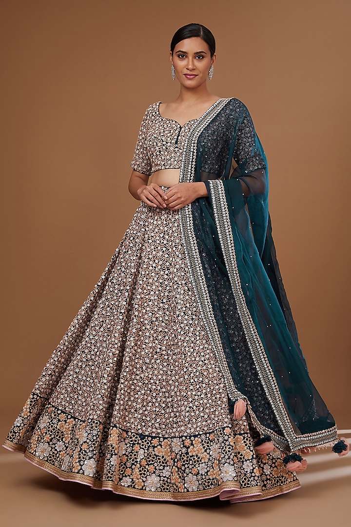 Blue Silk Chanderi Machine Embroidered Bridal Lehenga Set by MADZIN at Pernia's Pop Up Shop