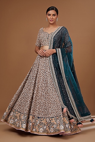 Blue Silk Chanderi Machine Embroidered Lehenga Set by MADZIN