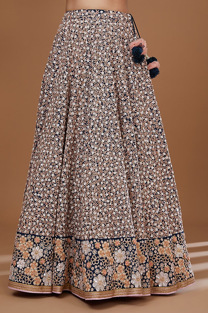 Blue Silk Chanderi Machine Embroidered Bridal Lehenga Set by MADZIN at Pernia's Pop Up Shop