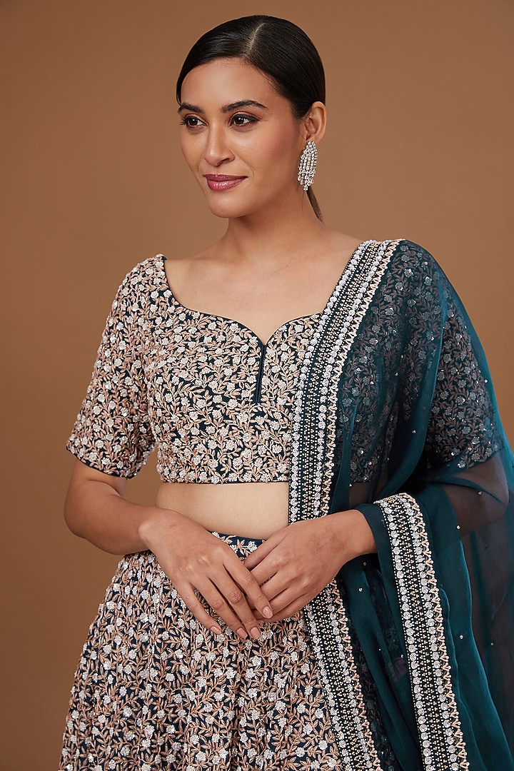 Blue Silk Chanderi Machine Embroidered Bridal Lehenga Set by MADZIN at Pernia's Pop Up Shop