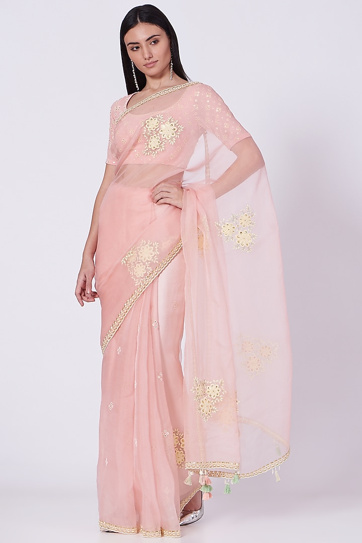 Crystal Rose Hand Embroidered Saree Set by MADZIN