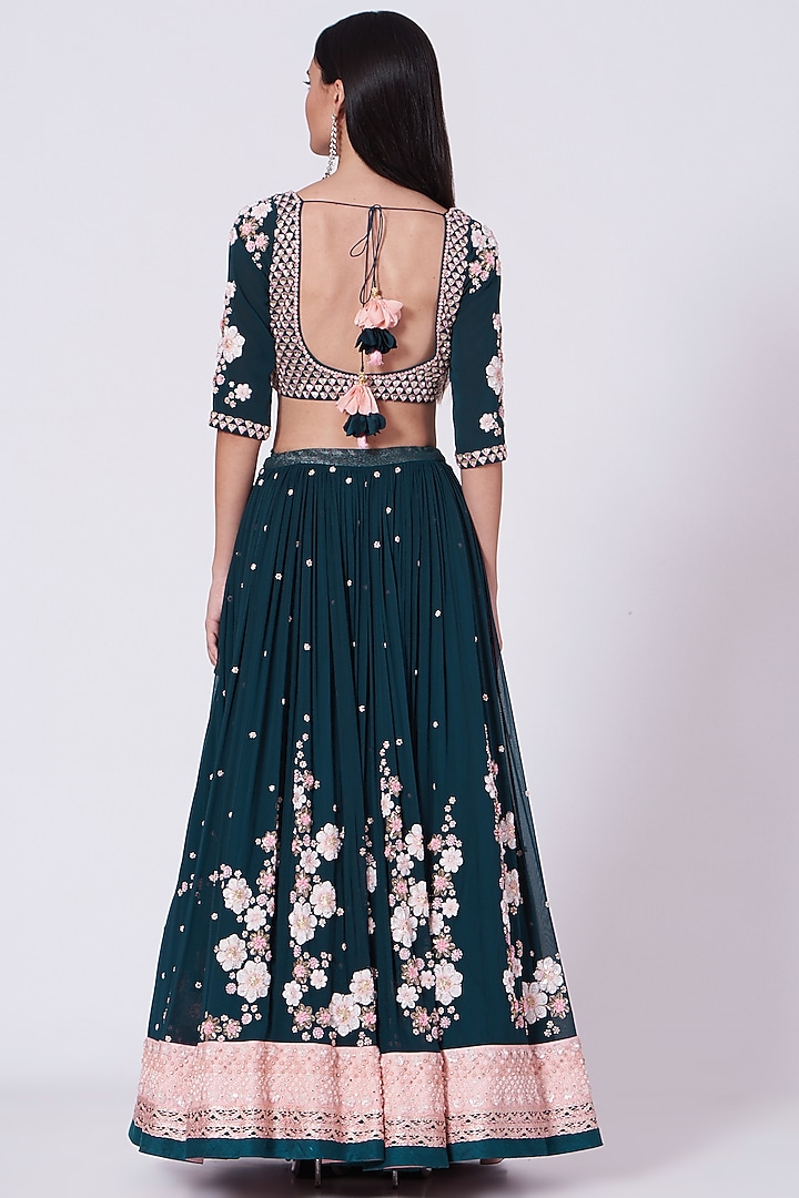 Bluish Green Embroidered Bridal Lehenga Set by MADZIN at Pernia's Pop Up Shop