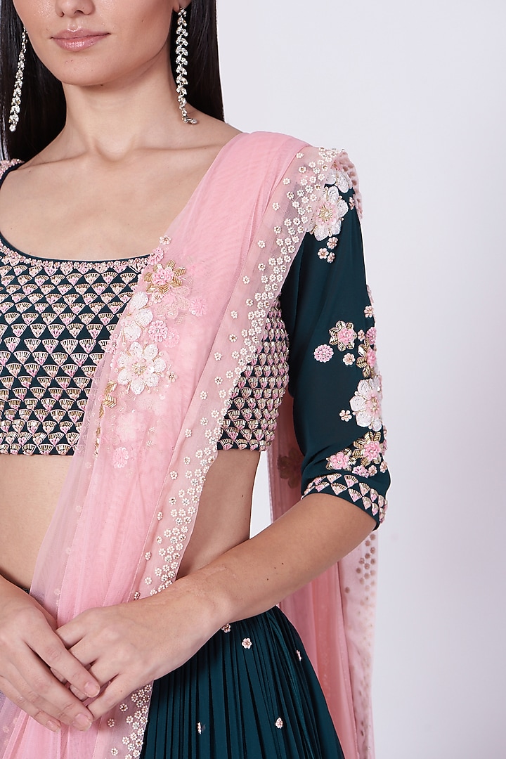 Bluish Green Embroidered Bridal Lehenga Set by MADZIN at Pernia's Pop Up Shop