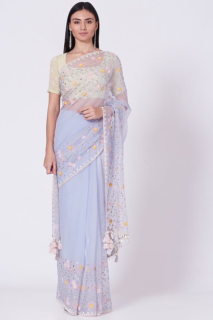 Pale Blue Hand Embroidered Saree Set by MADZIN