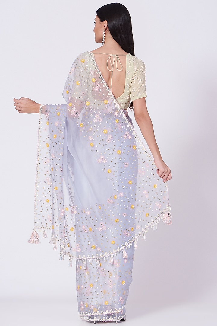 Pale Blue Hand Embroidered Wedding Saree Set by MADZIN at Pernia's Pop Up Shop