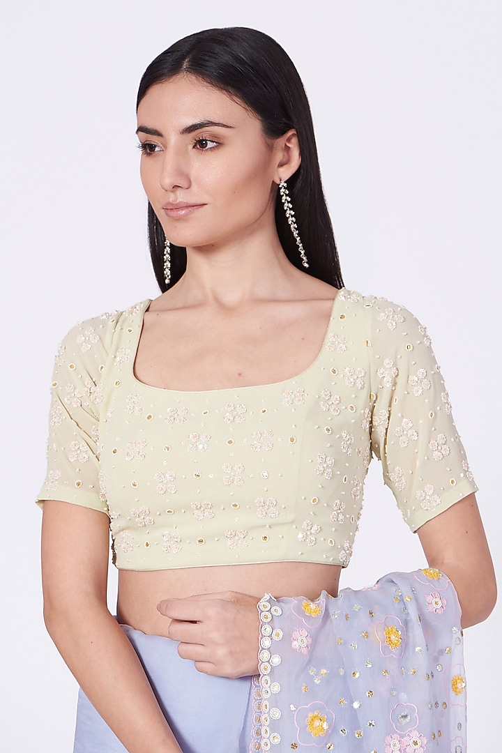 Pale Blue Hand Embroidered Wedding Saree Set by MADZIN at Pernia's Pop Up Shop