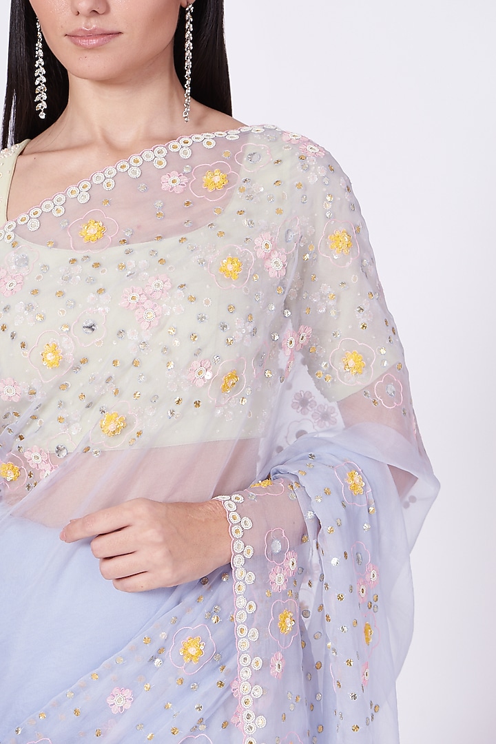 Pale Blue Hand Embroidered Wedding Saree Set by MADZIN at Pernia's Pop Up Shop