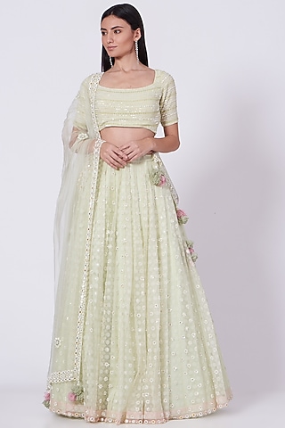 Pista Green Embroidered Lehenga Set by MADZIN