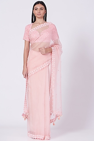 Blush Pink Embroidered Saree Set by MADZIN