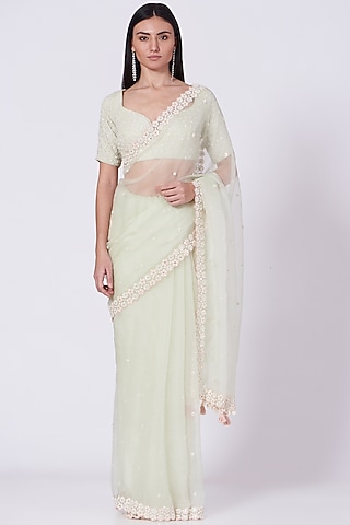 Pista Green Hand Embroidered Saree Set by MADZIN