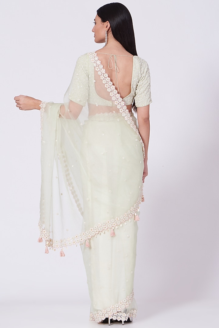 Pista Green Hand Embroidered Wedding Saree Set by MADZIN at Pernia's Pop Up Shop