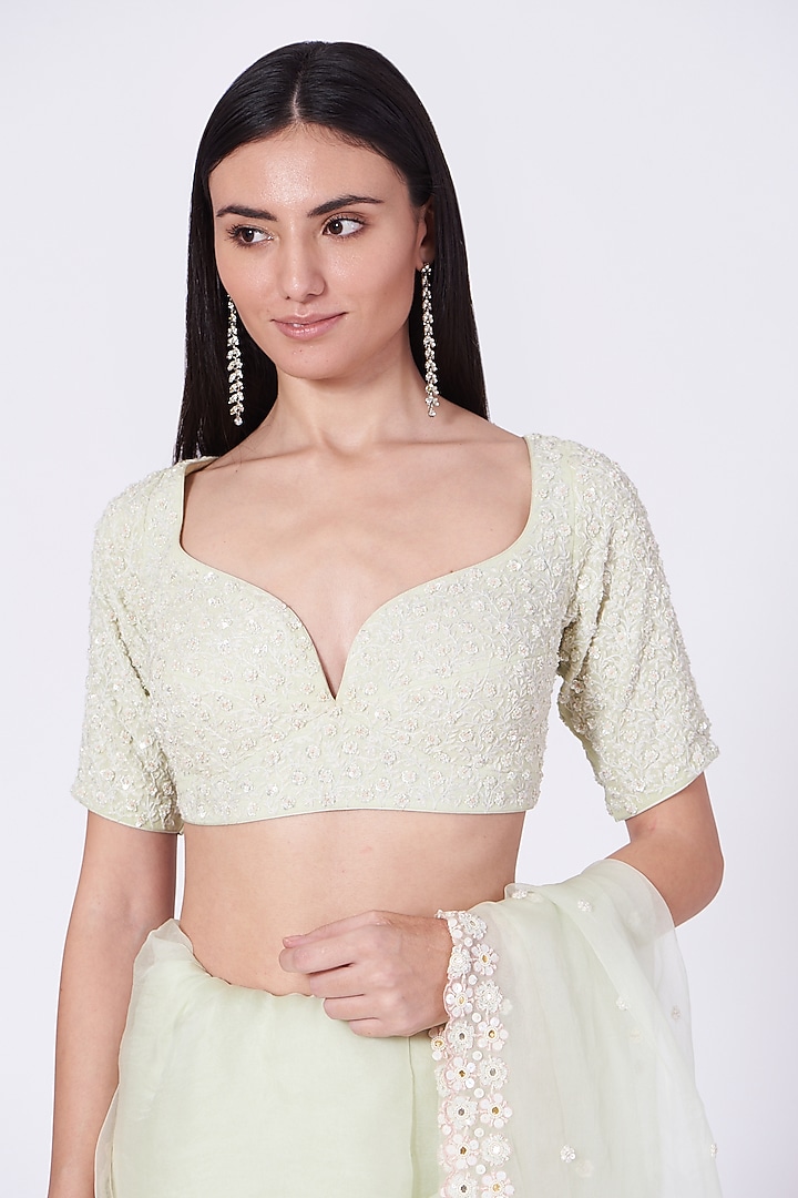 Pista Green Hand Embroidered Wedding Saree Set by MADZIN at Pernia's Pop Up Shop