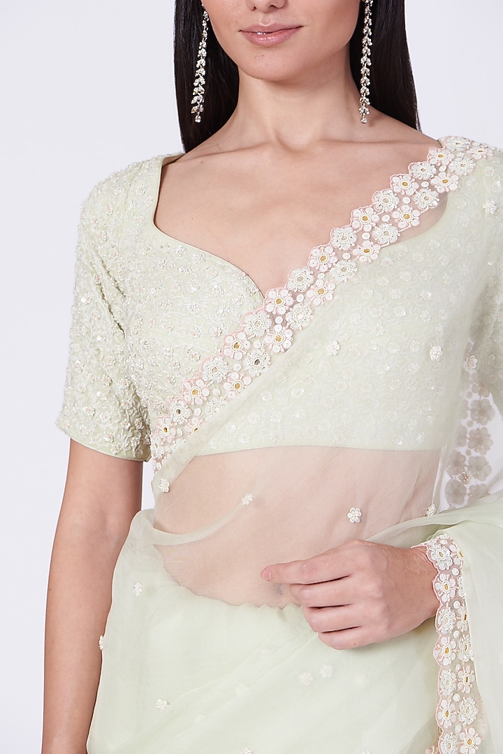 Pista Green Hand Embroidered Wedding Saree Set by MADZIN at Pernia's Pop Up Shop
