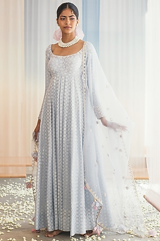 Misty Blue Hand Embroidered Anarkali Set by MADZIN