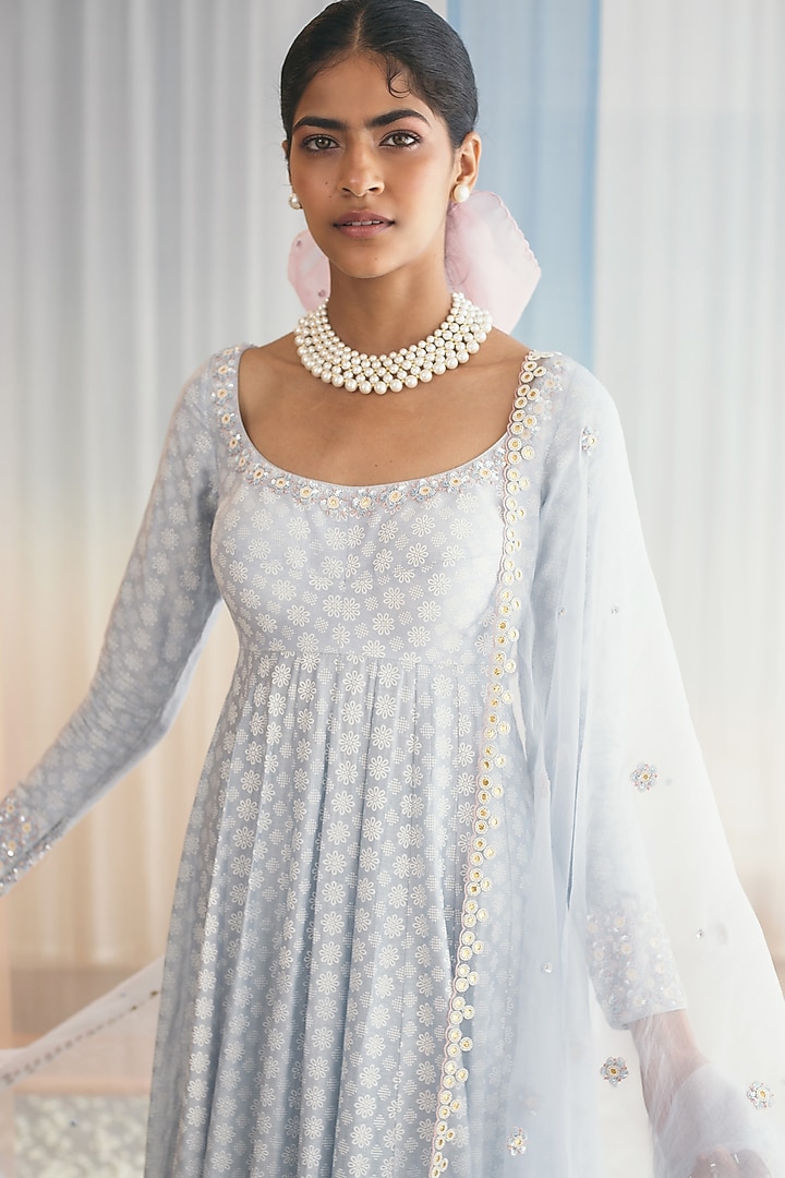 Misty Blue Hand Embroidered Wedding Anarkali Set by MADZIN at Pernia's Pop Up Shop