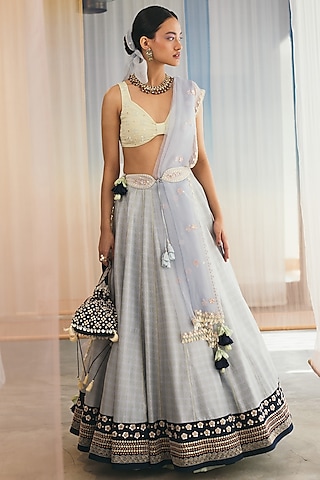 Misty Blue Hand Embroidered Lehenga Set by MADZIN