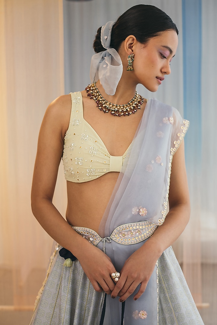 Misty Blue Hand Embroidered Wedding Lehenga Set by MADZIN at Pernia's Pop Up Shop
