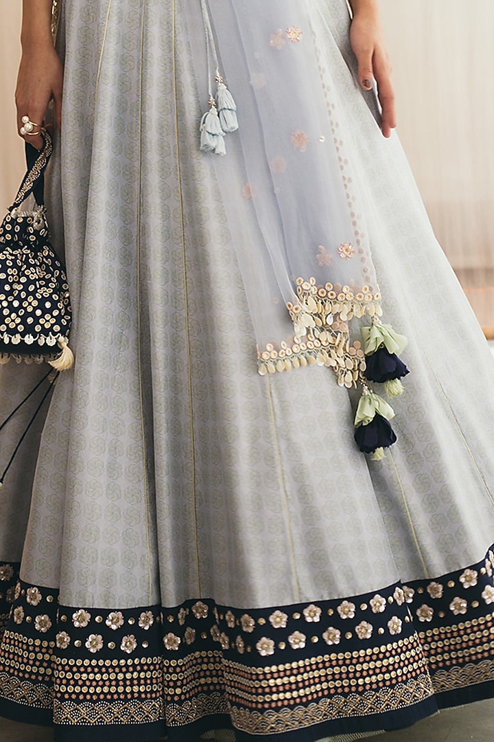 Misty Blue Hand Embroidered Wedding Lehenga Set by MADZIN at Pernia's Pop Up Shop
