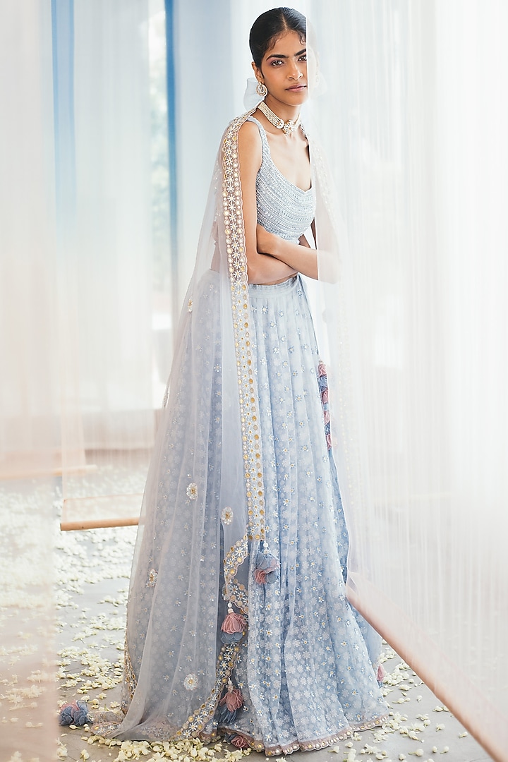 Misty Blue Sequins Embroidered Lehenga Set by MADZIN