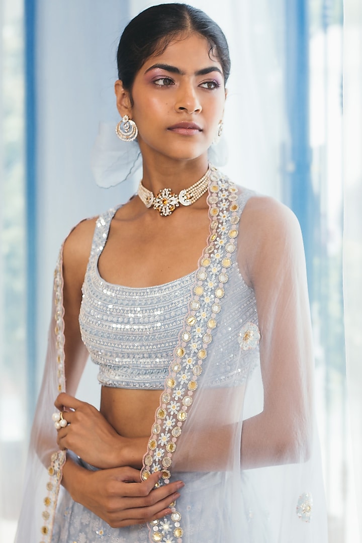 Misty Blue Sequins Embroidered Wedding Lehenga Set by MADZIN at Pernia's Pop Up Shop
