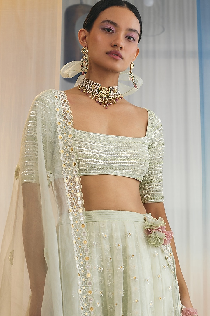 Meadow Mist Hand Embroidered Wedding Lehenga Set by MADZIN at Pernia's Pop Up Shop
