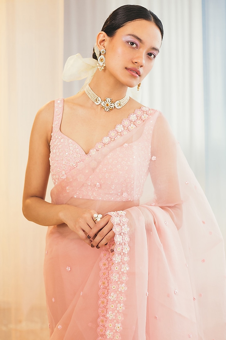 Crystal Rose Sequins Embroidered Wedding Saree Set by MADZIN at Pernia's Pop Up Shop