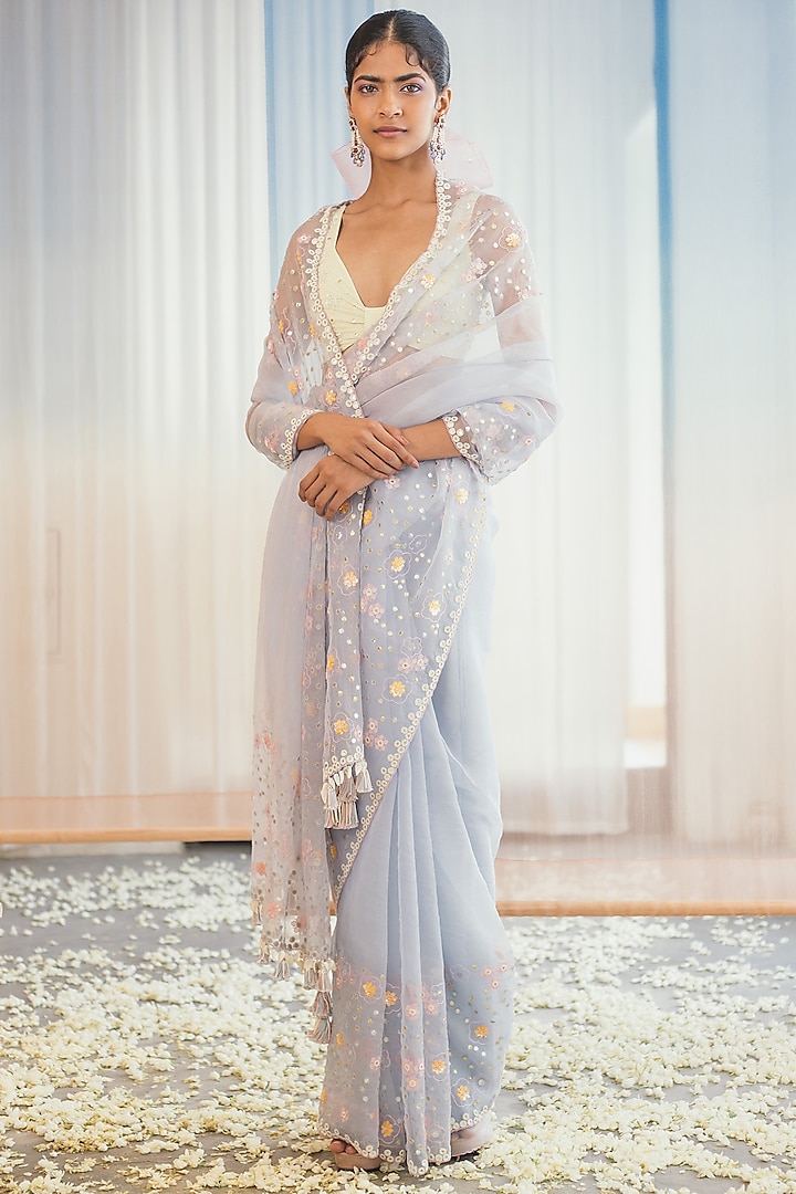 Skyway Blue Sequins Embroidered Saree Set by MADZIN