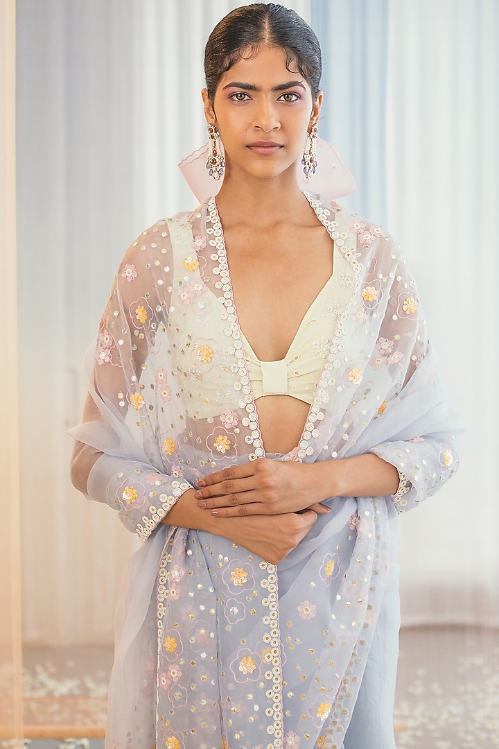 Skyway Blue Sequins Embroidered Wedding Saree Set by MADZIN at Pernia's Pop Up Shop