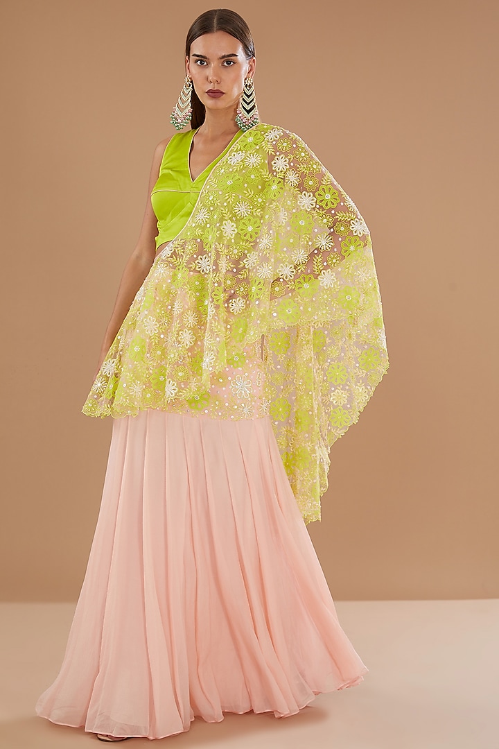 Crystal Rose & Spring Green Chiffon Machine Embroidered Draped Skirt Saree Set by MADZIN at Pernia's Pop Up Shop