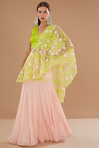 Crystal Rose & Spring Green Chiffon Machine Embroidered Draped Skirt Saree Set by MADZIN