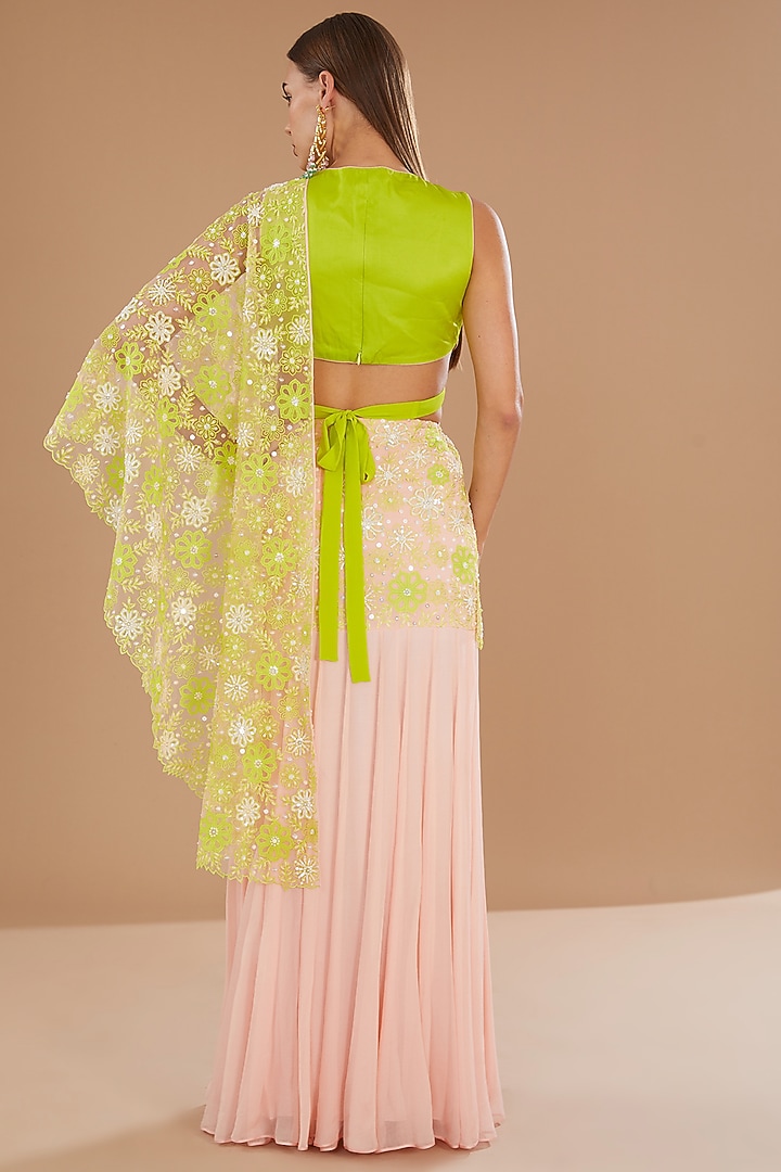 Crystal Rose & Spring Green Chiffon Machine Embroidered Draped Skirt Wedding Saree Set by MADZIN at Pernia's Pop Up Shop
