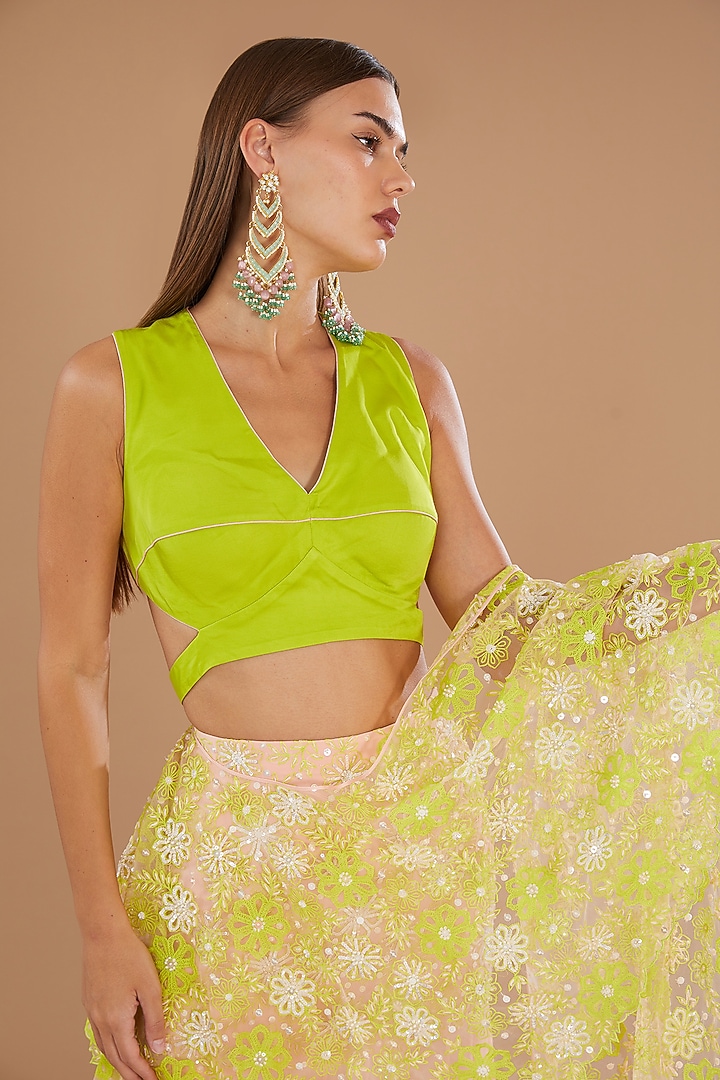 Crystal Rose & Spring Green Chiffon Machine Embroidered Draped Skirt Wedding Saree Set by MADZIN at Pernia's Pop Up Shop
