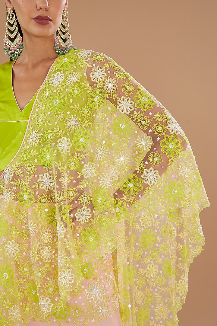 Crystal Rose & Spring Green Chiffon Machine Embroidered Draped Skirt Wedding Saree Set by MADZIN at Pernia's Pop Up Shop