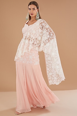 Crystal Rose Korean Net & Chiffon Machine Embroidered Draped Skirt Saree Set by MADZIN