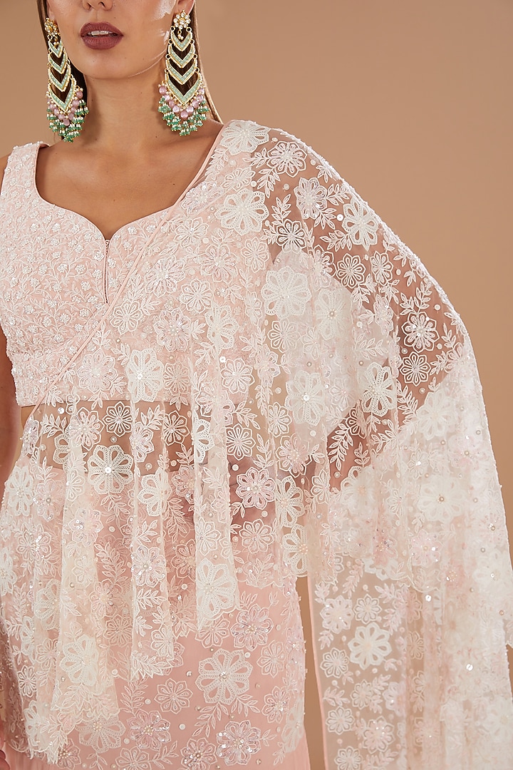 Crystal Rose Korean Net & Chiffon Machine Embroidered Draped Skirt Reception Saree Set by MADZIN at Pernia's Pop Up Shop