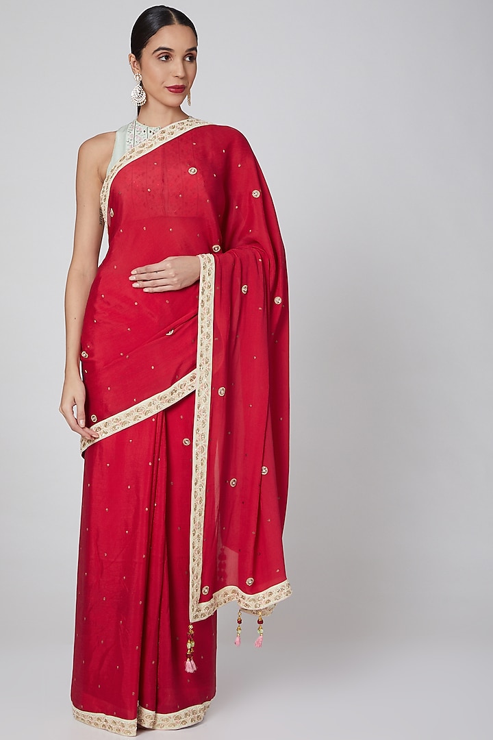 Red Embroidered Saree Set by MADZIN at Pernia's Pop Up Shop