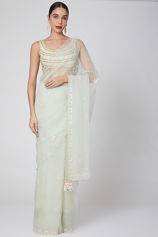 Sky Blue Embroidered Saree Set by MADZIN