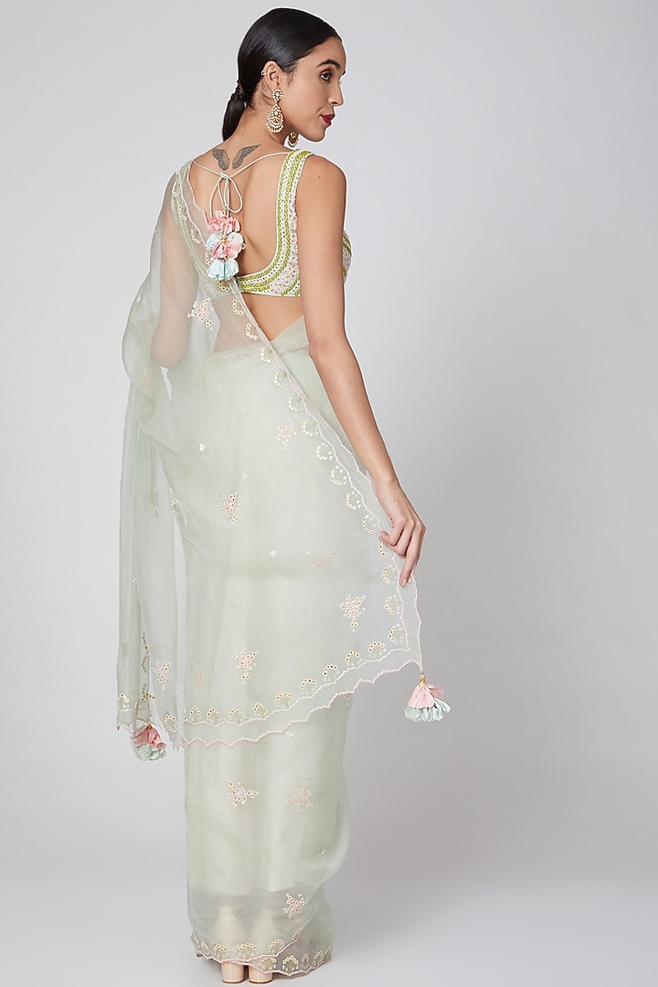 Sky Blue Embroidered Wedding Saree Set by MADZIN at Pernia's Pop Up Shop