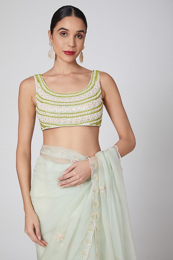 Sky Blue Embroidered Wedding Saree Set by MADZIN at Pernia's Pop Up Shop