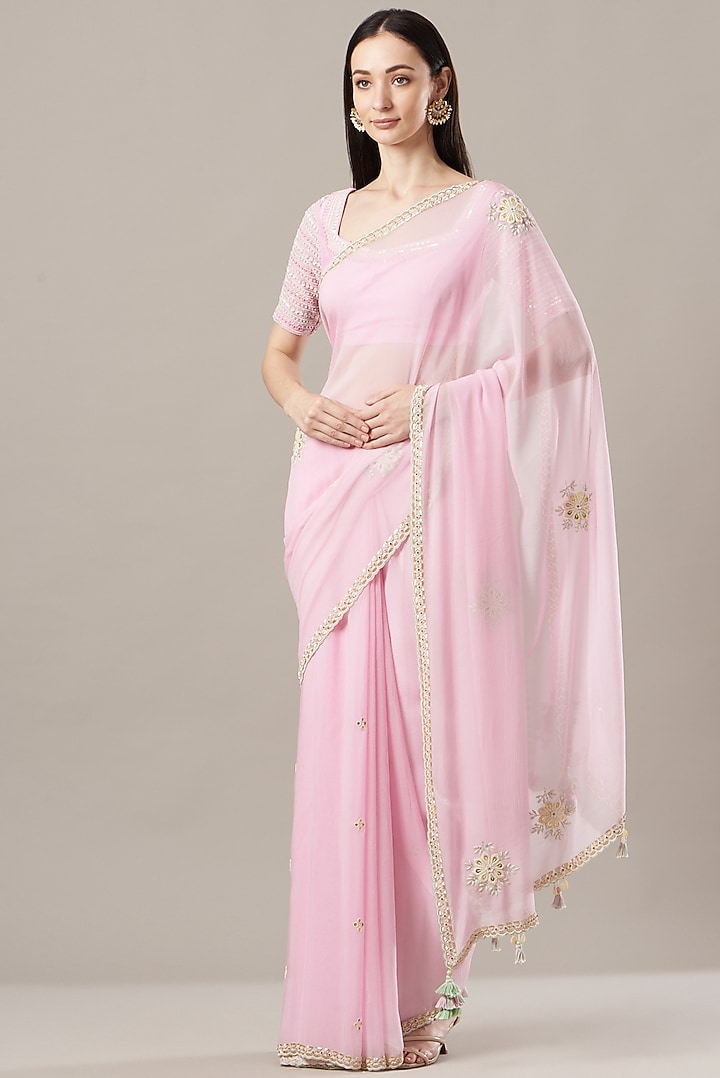 Blush Pink Embroidered Wedding Saree Set by MADZIN at Pernia's Pop Up Shop