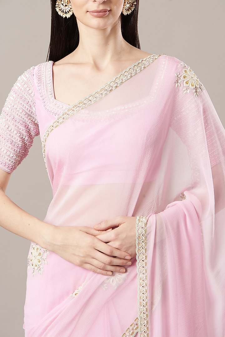 Blush Pink Embroidered Wedding Saree Set by MADZIN at Pernia's Pop Up Shop
