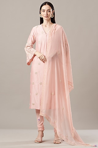 Blush Pink Embroidered Kurta Set by MADZIN