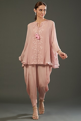 Blush Pink Embroidered Dhoti Set by MADZIN