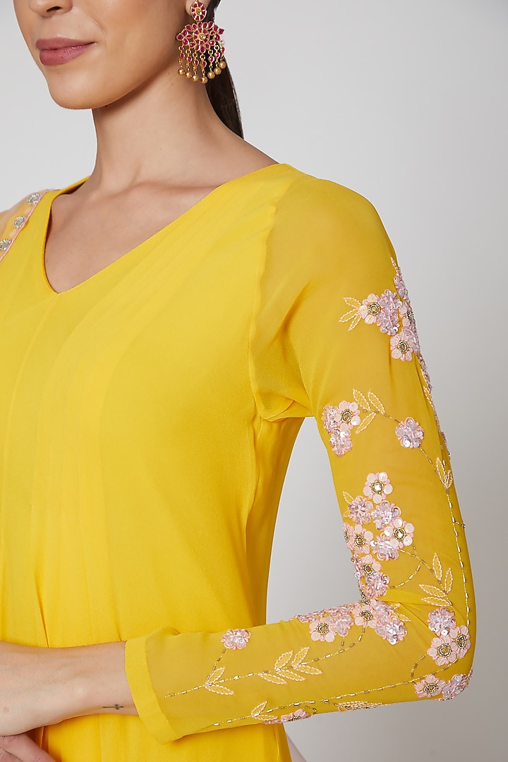 Yellow & Mauve Embroidered Kurta Set by MADZIN at Pernia's Pop Up Shop
