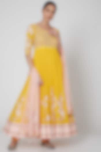 Yellow & Blush Pink Embroidered Anarkali Set by MADZIN